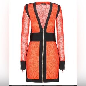 BALMAIN Lace Long Sleeve ,Orange With Black Trim Mini Bodycon Dress size XS/S
